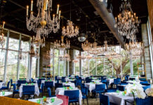 Where to Brunch Near Buffalo Bayou Park Brightly lit dining room interior with chandeliers and windows facing trees