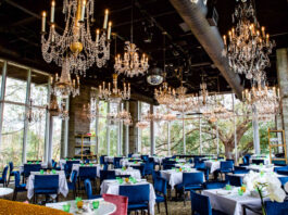 Brightly lit dining room interior with chandeliers and windows facing trees