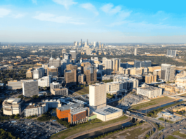 An aerial view of the Texas Medical Center with Downtown in the background