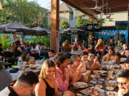 Groups of people sitting at the back patio of King's Bierhaus