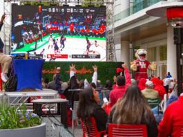 Fans celebrate on an outdoor patio while watching basketball on a big screen