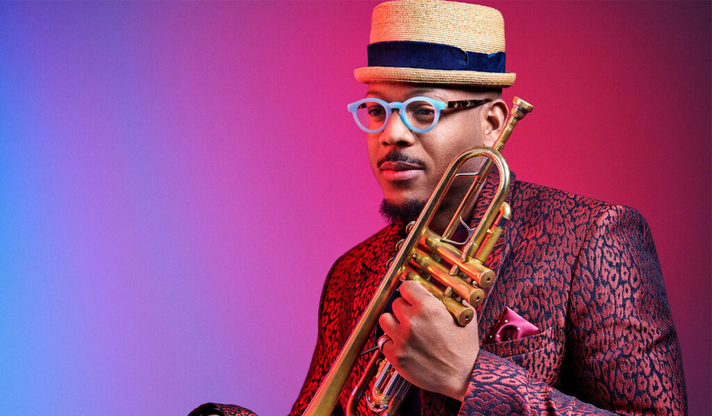 A promotional image of Etienne Charles holding a trumpet with a purple and pink background