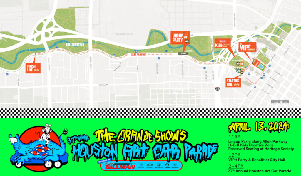 A map showing the Art Car Parade route through Downtown and Allen Parkway