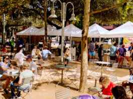 An outdoor scene under shady trees with people sitting at tables and shopping market stalls