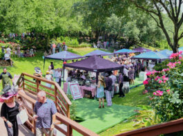 A sunny scene in a green lawn with vendors providing wine to patrons