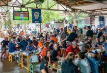 Houston Nightlife: The Best Bars in EaDo The outdoor patio of Pitch 25 filled with patrons watching Astros on TV