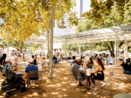 An outdoor scene under shady trees with people sitting at tables and shopping market stalls