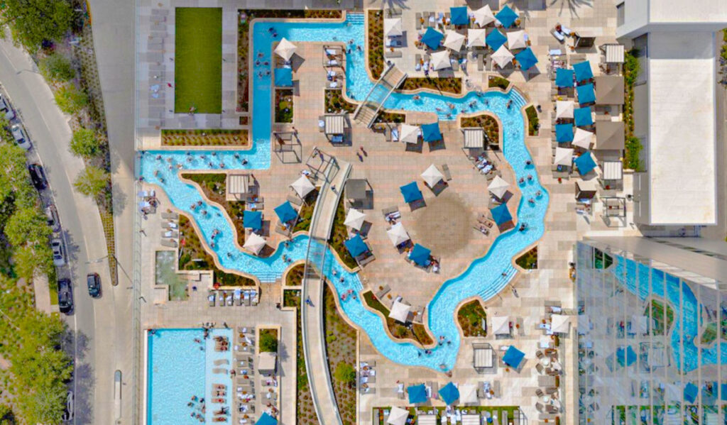 A Texas-shaped swimming pool seen from above