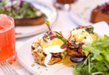 20 Brunch Spots You Can Still Book for Mother’s Day in Houston A close up of eggs benedict next to a pink cocktail