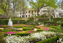 25+ Things to Do for Mother’s Day in Greater Houston A highly manicured gardens of pink and white flowers with a plantation style house in the background