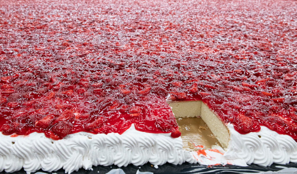 A slice taken from a huge cake topped with strawberries