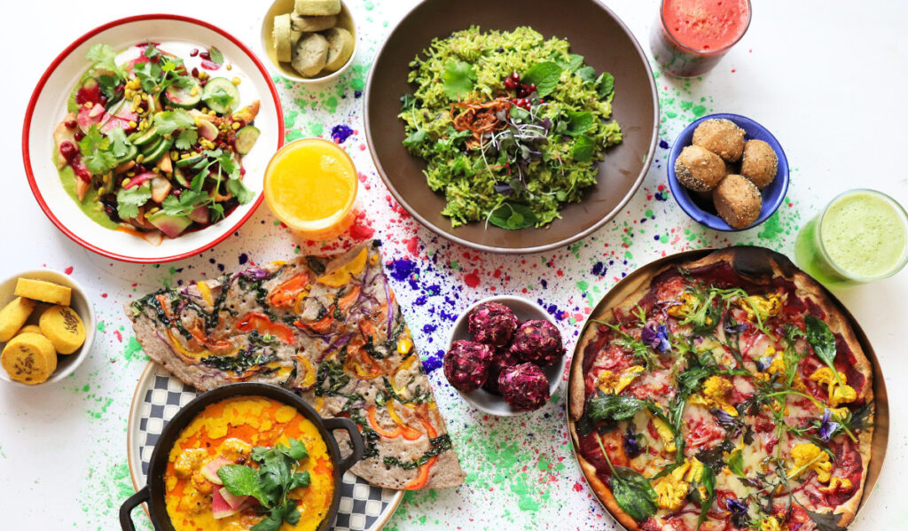 An overhead view of colorful dishes 