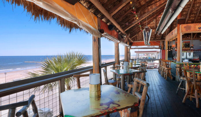 A balcony bar with views of the Galveston shore