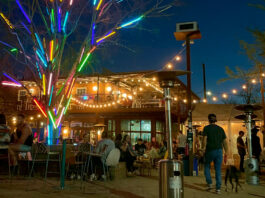 A night scene at a bar's busy outdoor patio with a tree decorated in neon lights