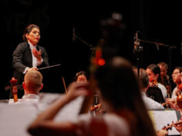 A conductor leads members of an orchestra