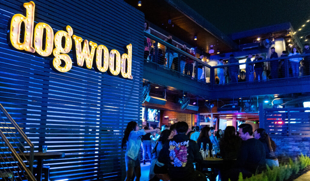 People gathered at tables on the first and second floor of a bar with the light-up word "Dogwood" on the wall