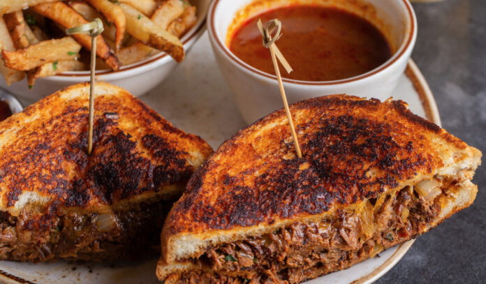 A grilled sandwich cut in halves on a plate with fries and a sauce dip